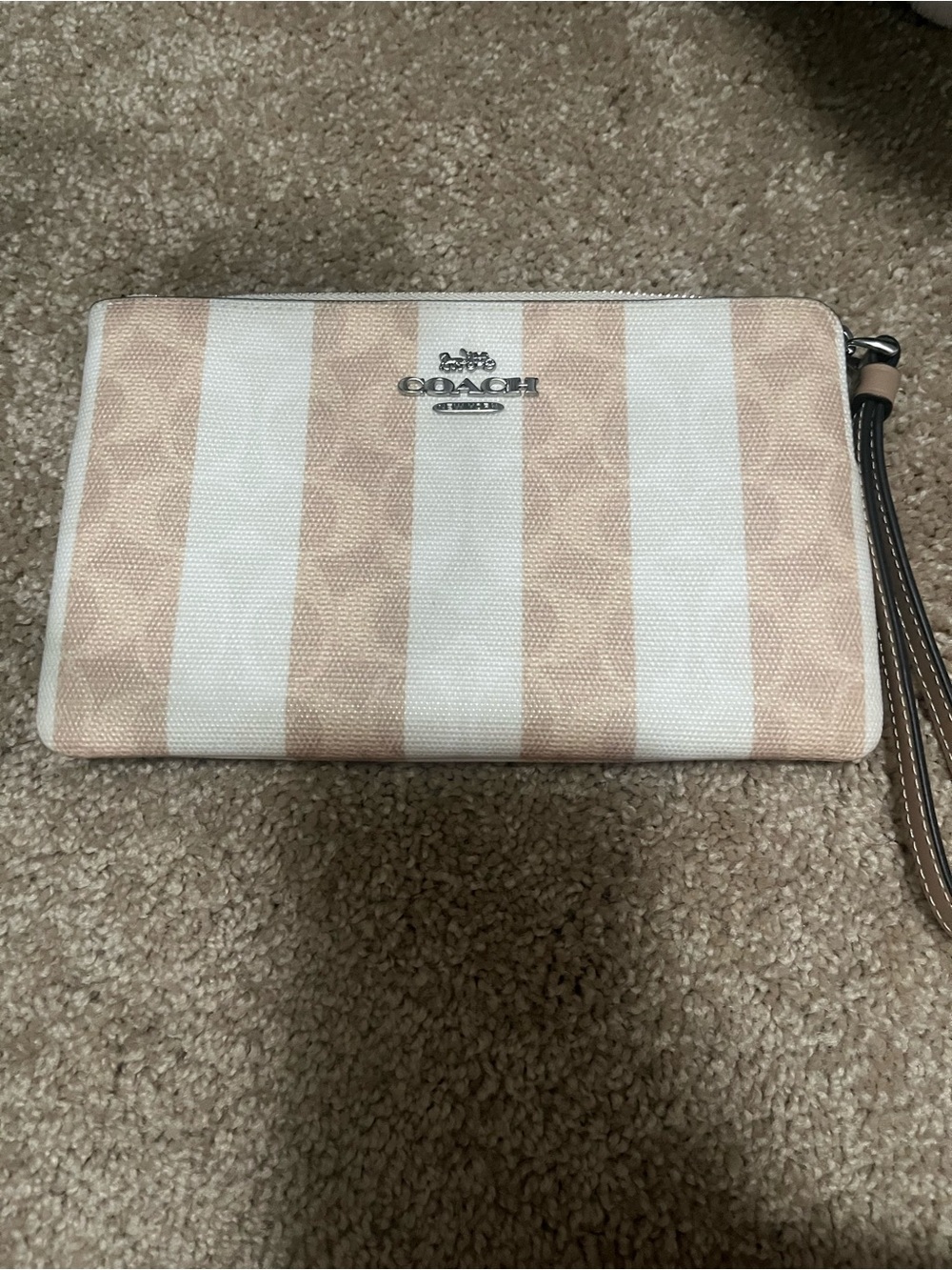 New COACH Signature Stripe Wristlet in Beige and White